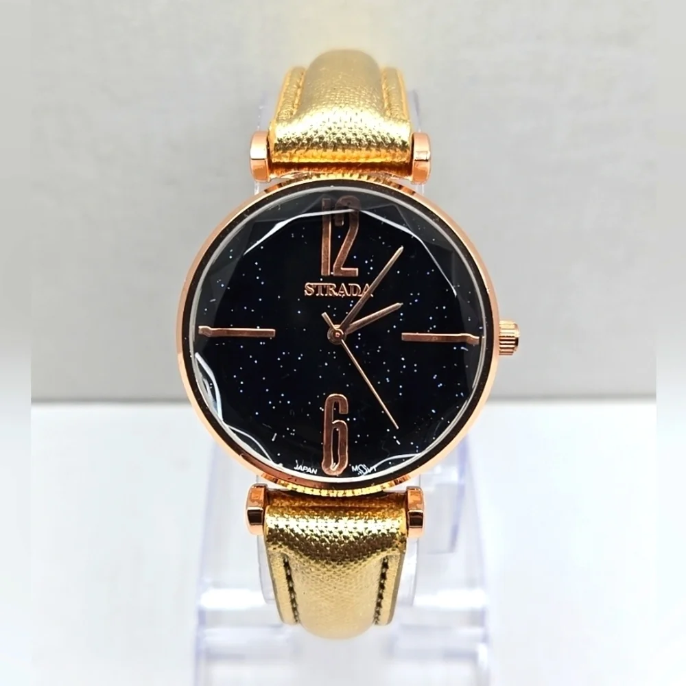 Womens Strada Rose Gold Tone Diamond Cut Bezel Watch Leather Sparkle New Battery